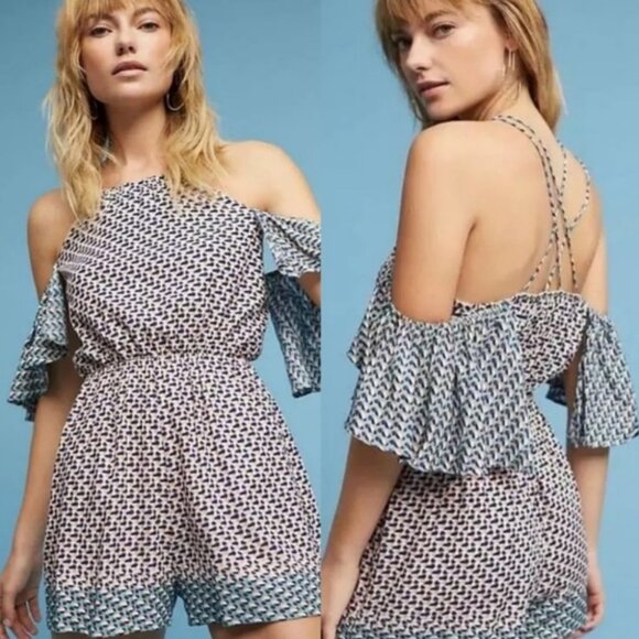 Anthropologie Elevenses Madalenna Open Shoulder Ruffle Romper Size XS Bohemian - Picture 1 of 13
